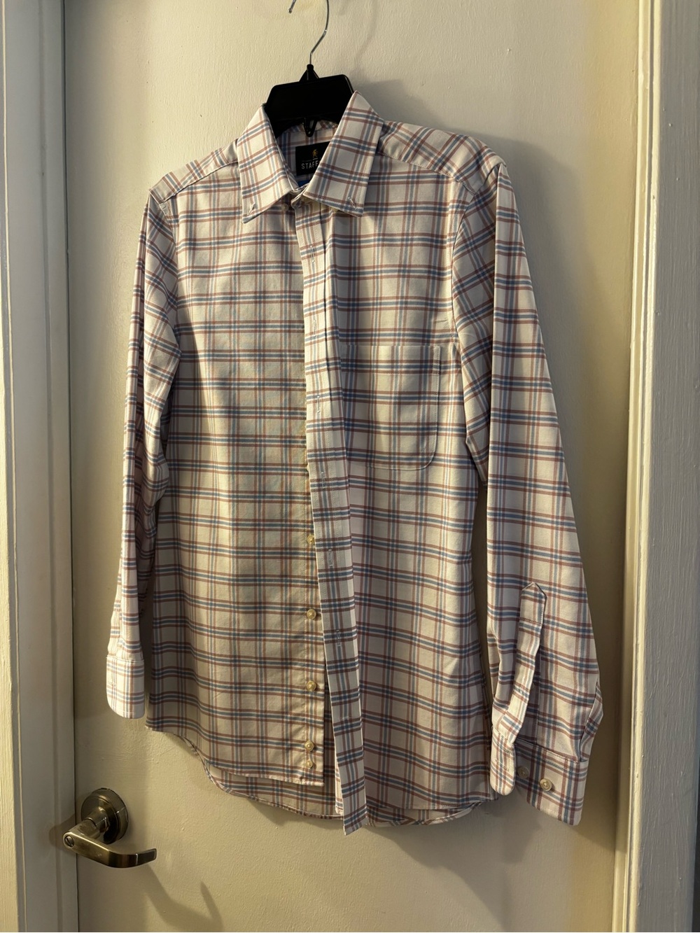 Stafford White Dress Shirt with Blue & Red Plaid
